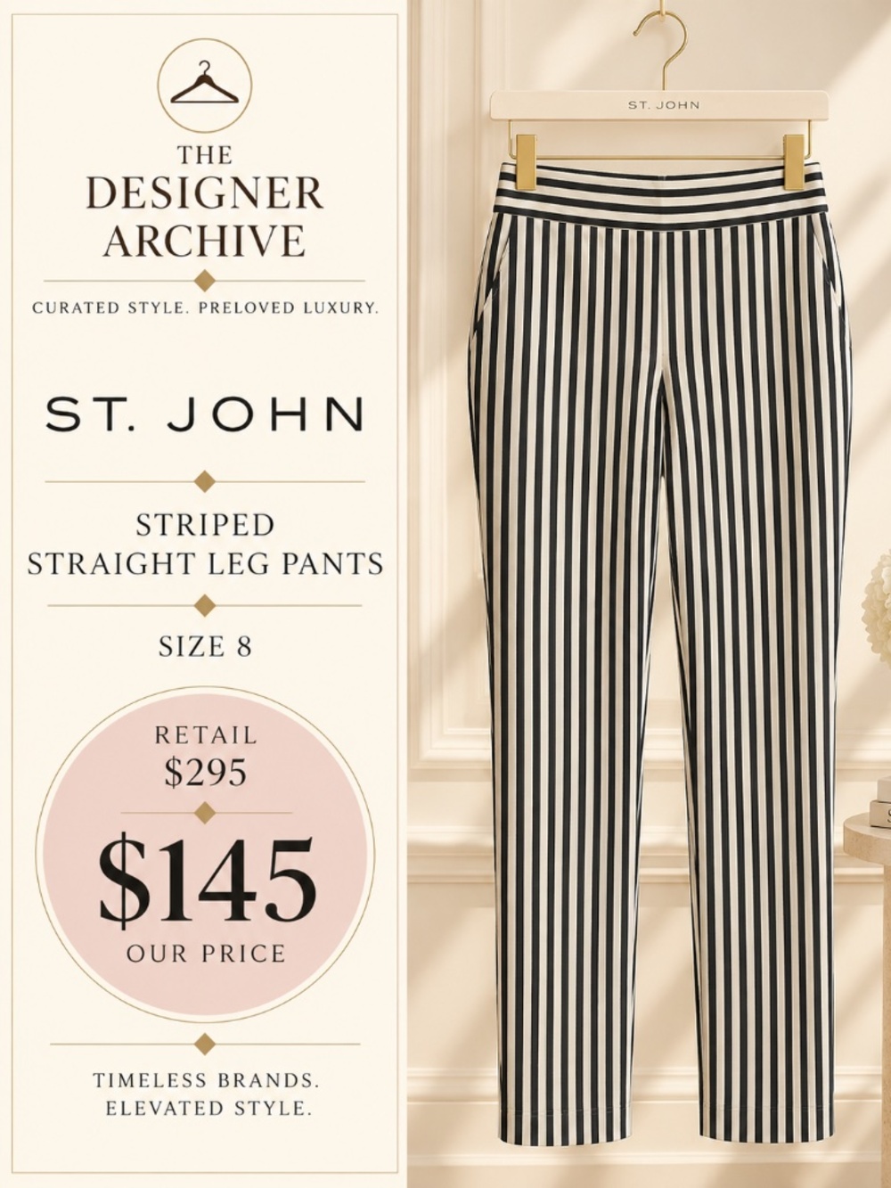St. John Black & Ivory Striped Straight Leg Pants Size 8